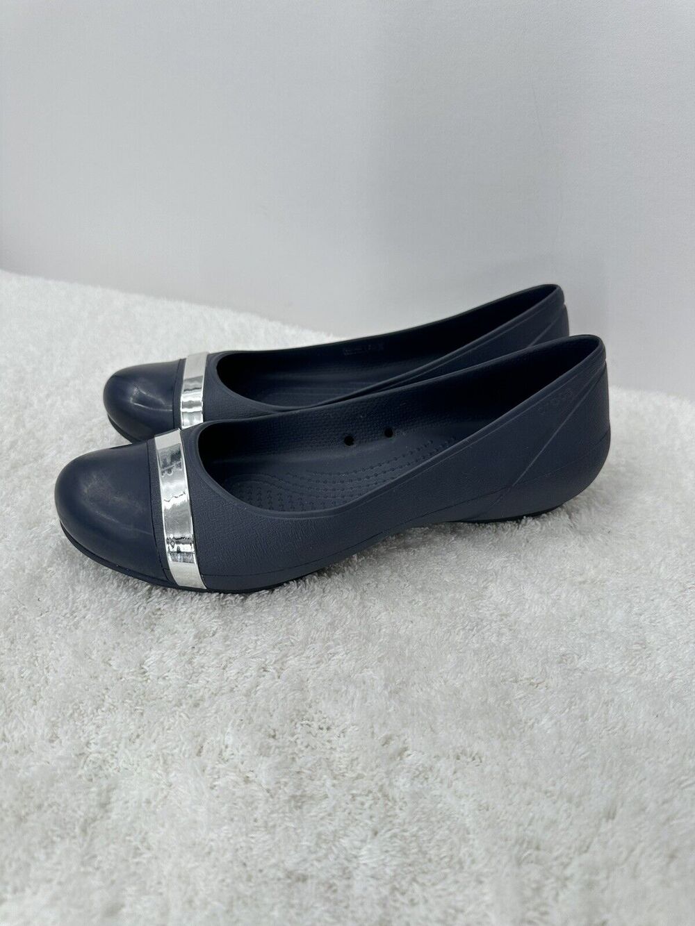 Crocs Navy Blue Silver Slip On Ballet Flats Size 9 Womens
